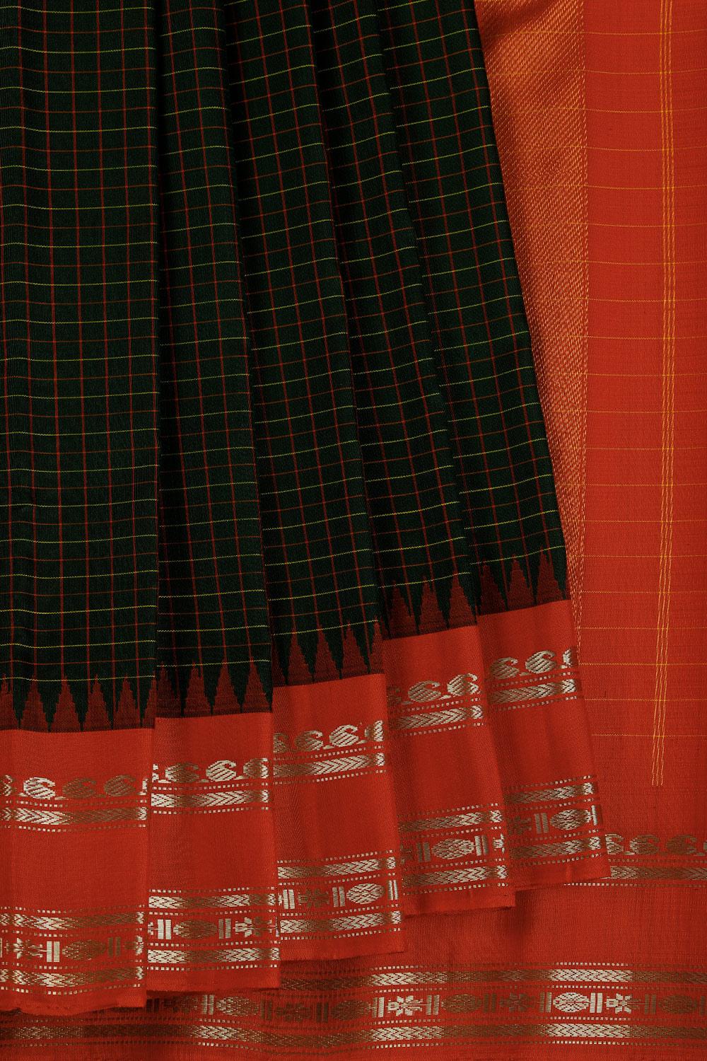 Gadwal Silk Bottle-Green Saree With Checks Pattern
